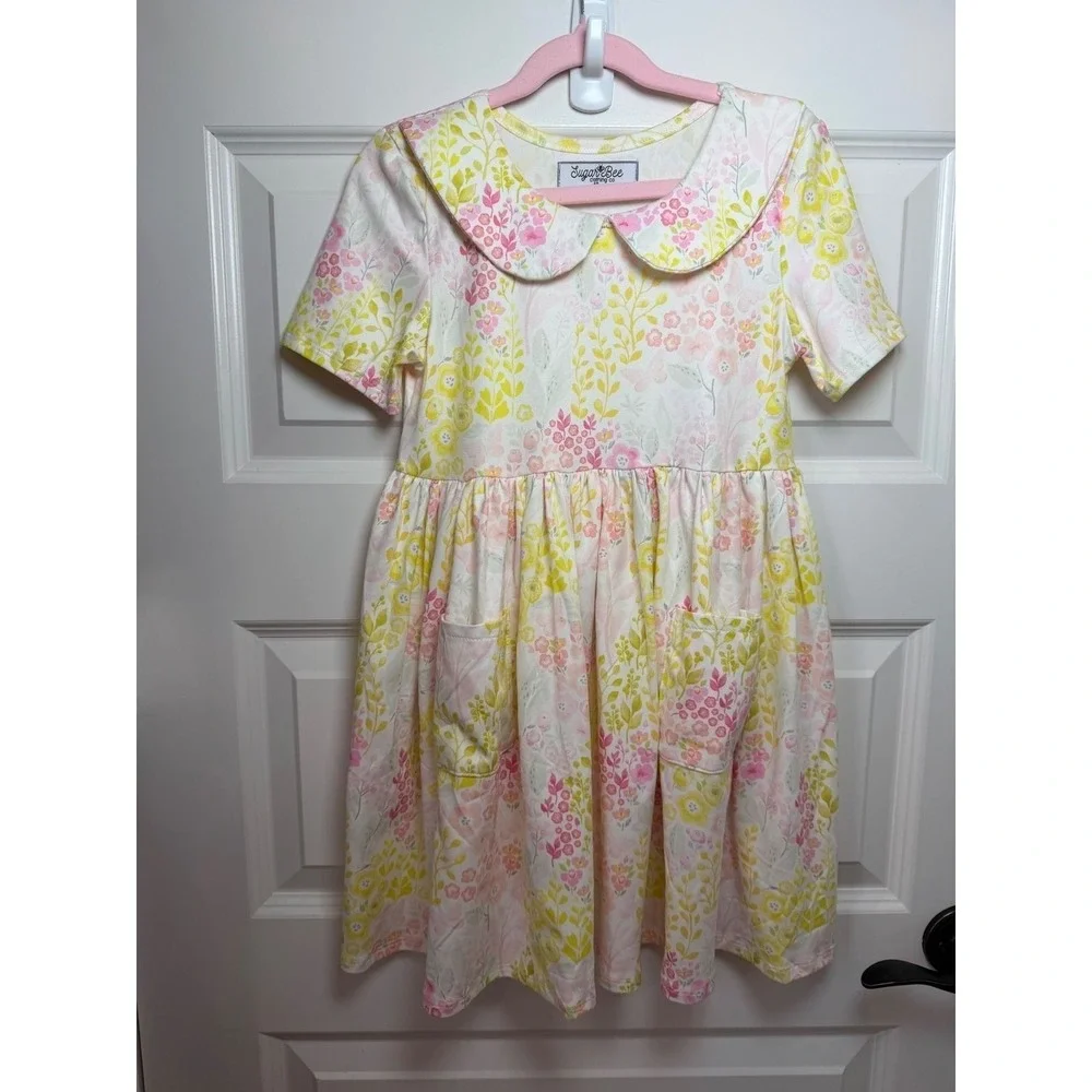 Sugar Bee Clothing Co Girls Floral Butterfly Peter Pan Collar Pocket Dress 10